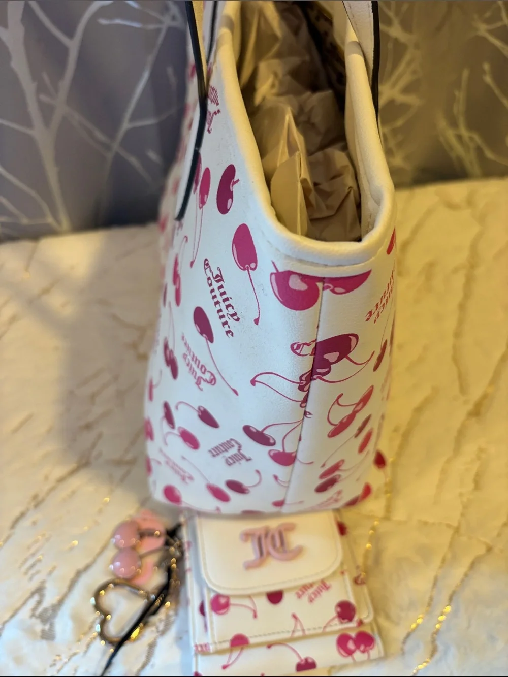 BNWT JUICY COUTURE Tote with Pink Cherry Print and Matching Wallet Set